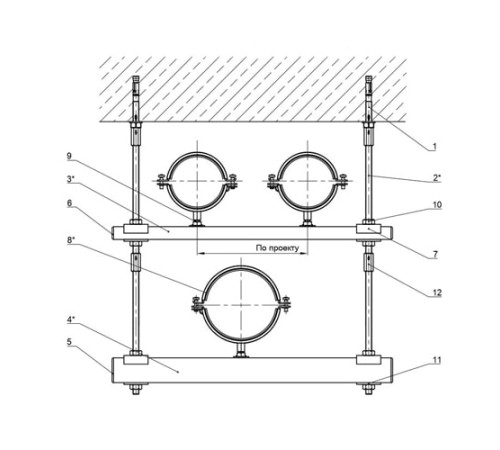 Крепления нескольких трубопроводов к перекрытию в Гомеле